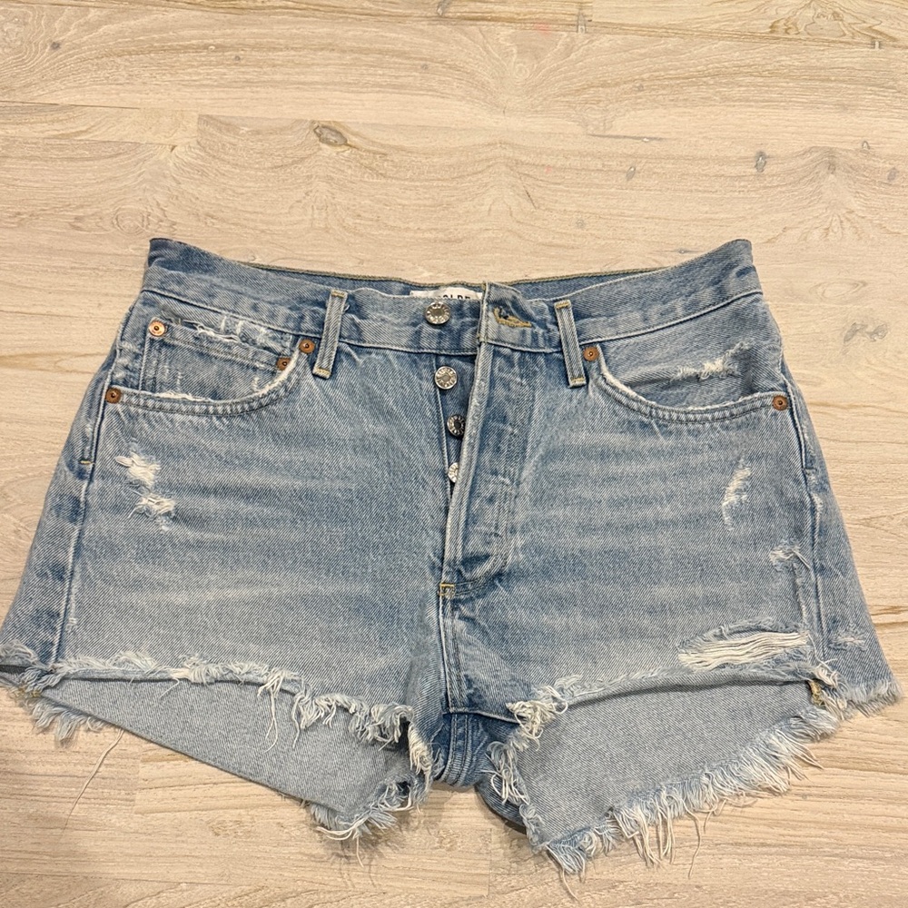 Agolde Light Blue Frayed Jean Shorts